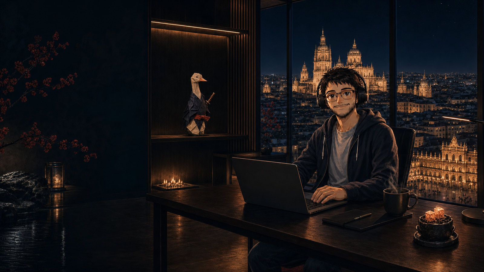 Ilustración nocturna del escritorio de trabajo de Álvaro Nieto en Salamanca, con monitor y código