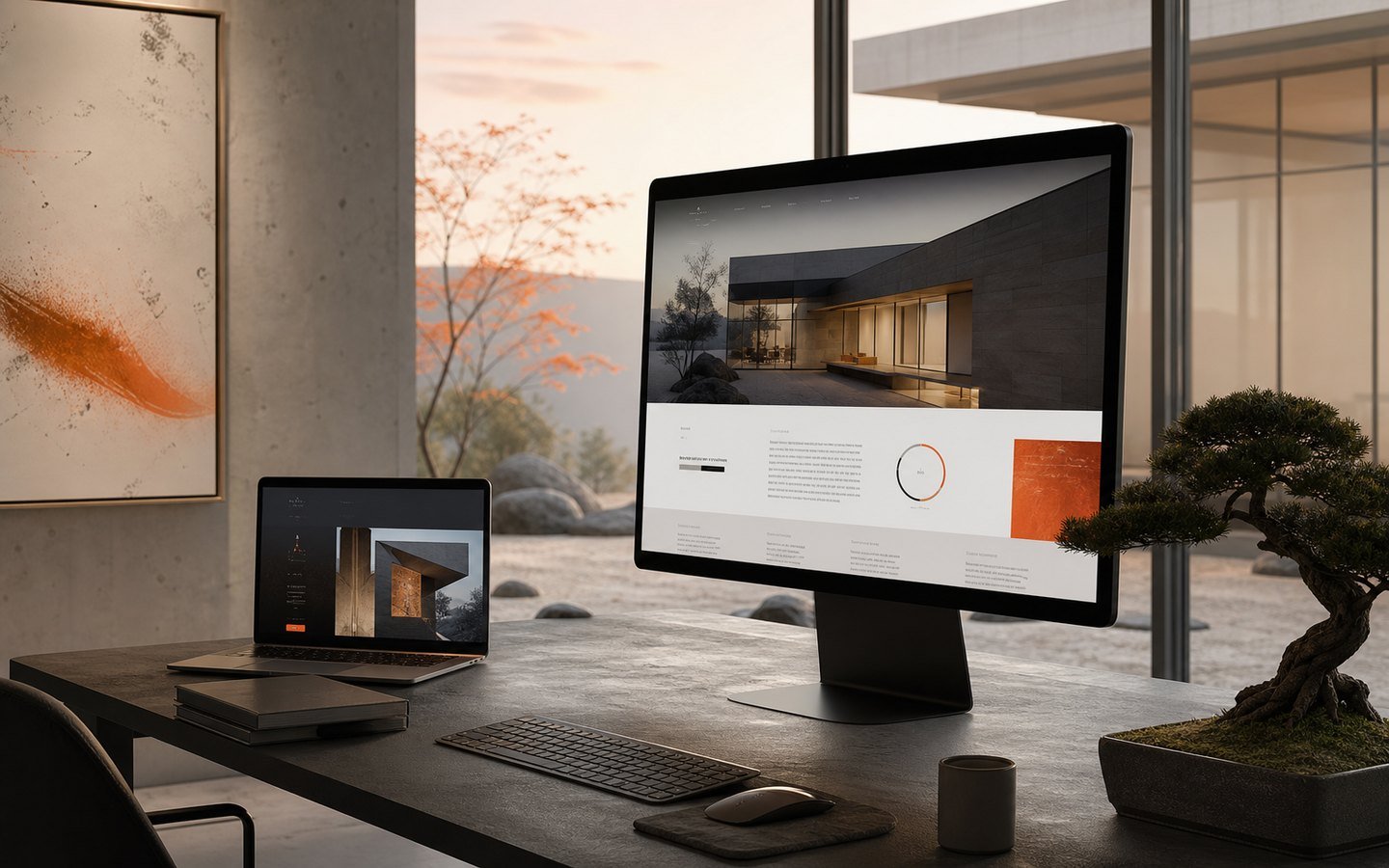 Espacio de trabajo contemporáneo con una web corporativa en desarrollo
